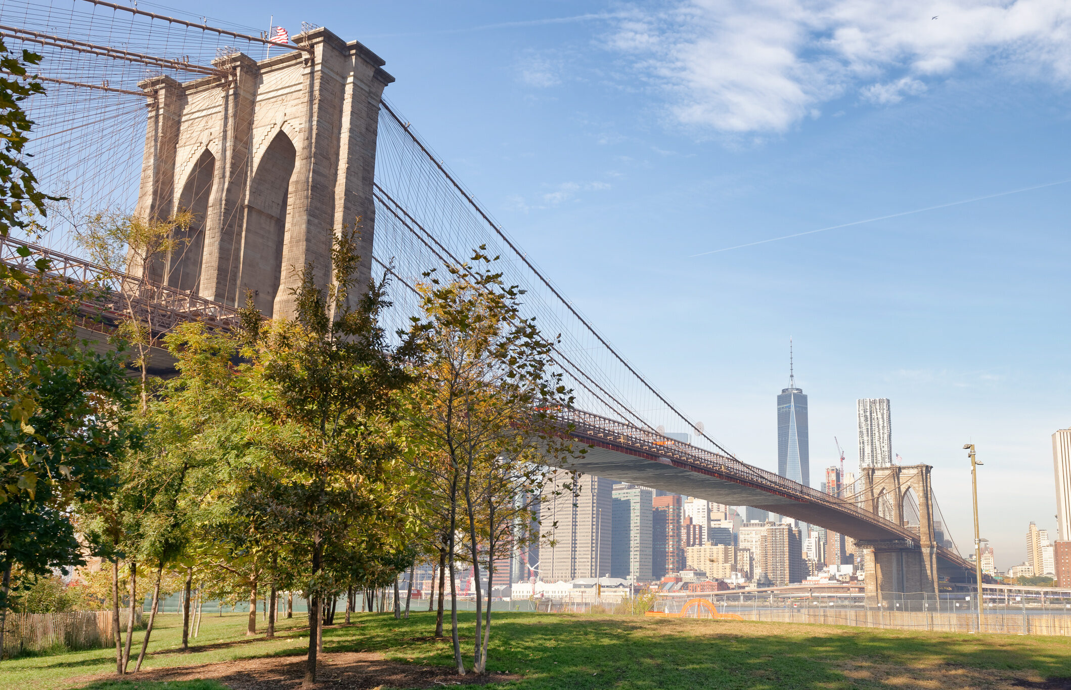 Brooklyn Bridge and Manhattan skyline as seen from Brooklyn Bridge Park, New York City - NY -USA