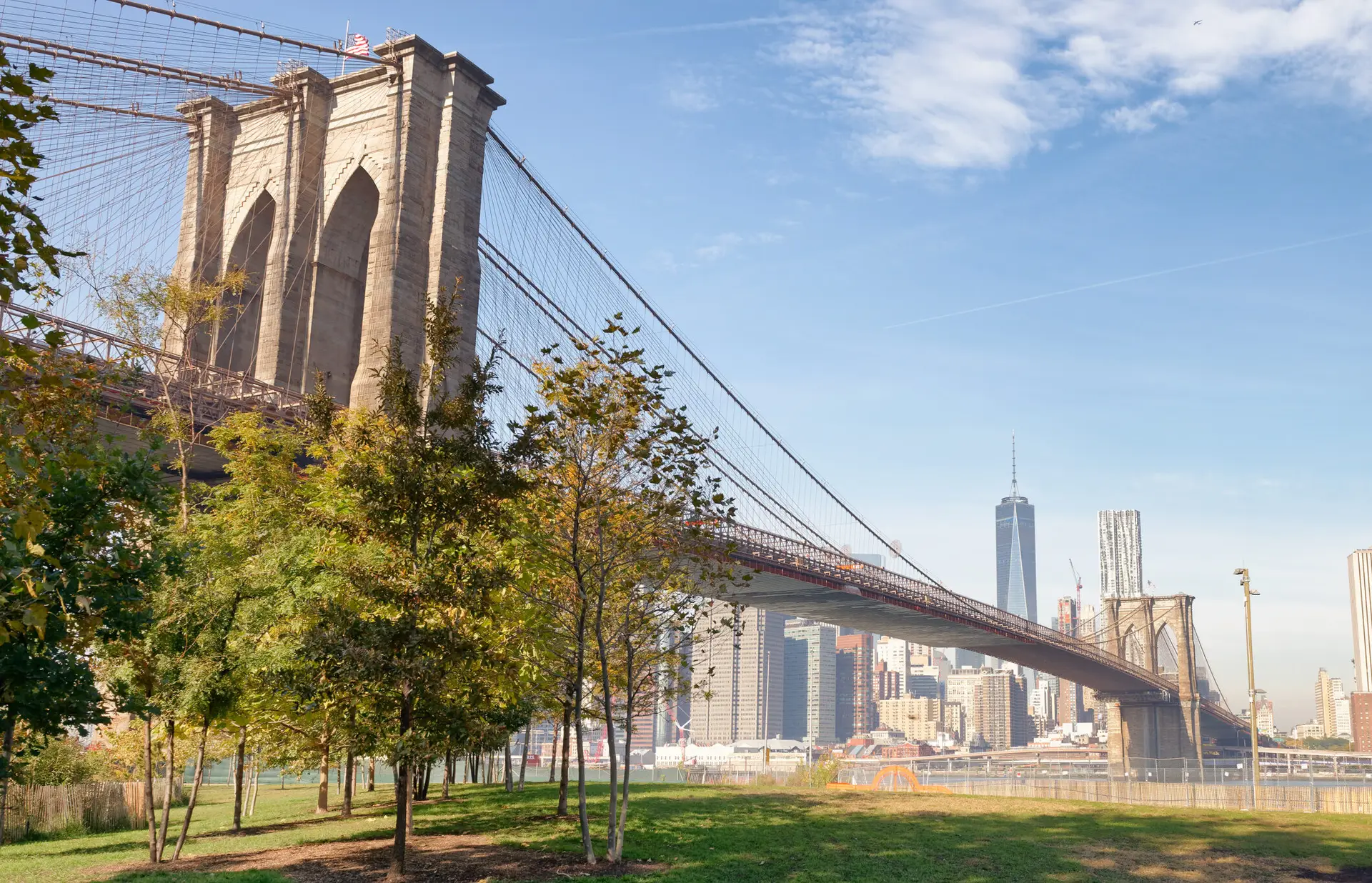 Brooklyn Bridge and Manhattan skyline as seen from Brooklyn Bridge Park, New York City - NY -USA