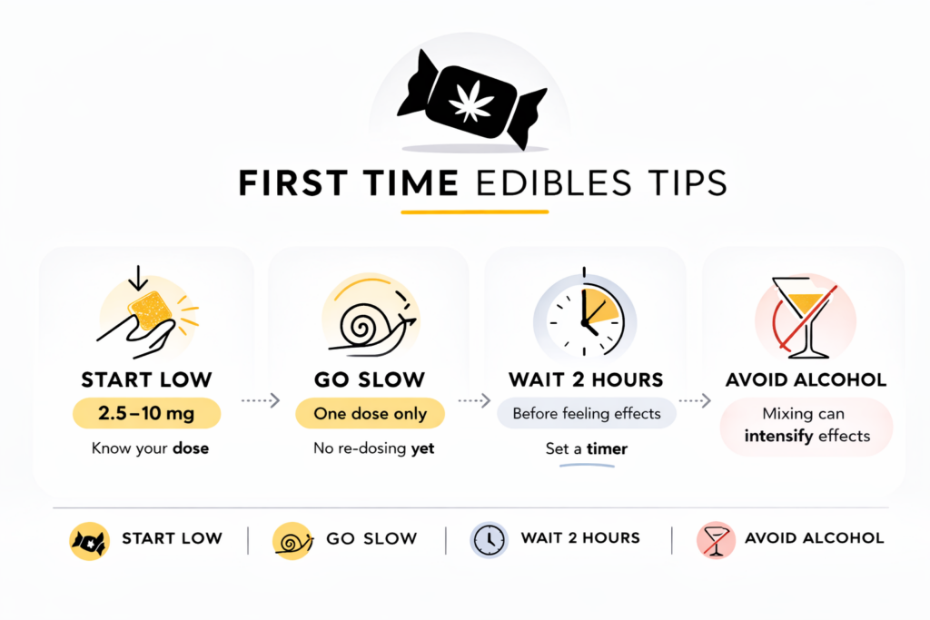 First time edibles tips for 10mg edibles. Start low go slow, wait 2 hours, avoid alcohol.