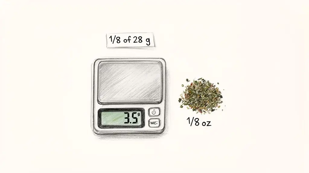 An illustration of a digital scale showing 3.5g, representing an eighth of an ounce of herbs.