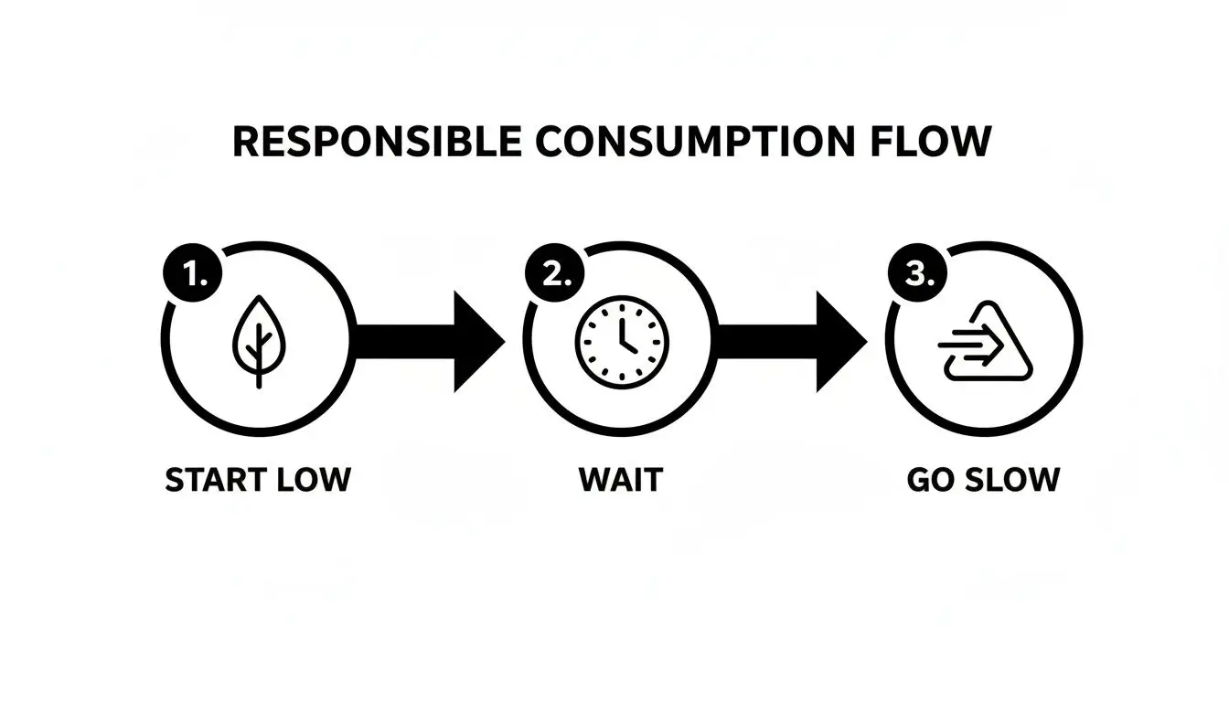 Infographic showing a three-step responsible consumption flow: start low, wait, and go slow.