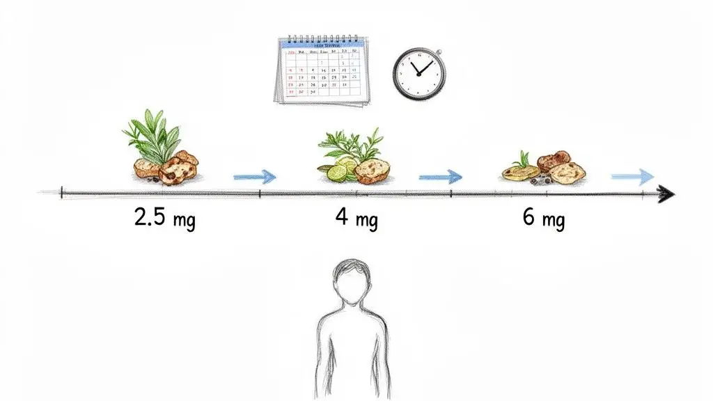 Timeline illustrating a progression of plant-based edible dosages from 2.5mg to 6mg for a person.