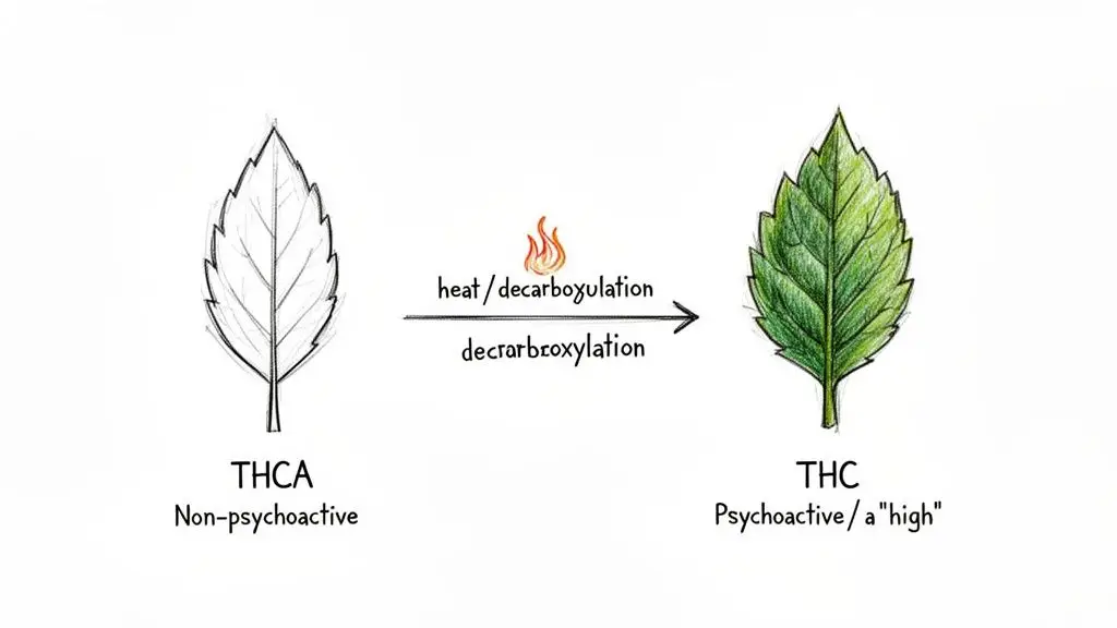 A diagram illustrates THCA (non-psychoactive leaf) transforming into psychoactive THC (green leaf) through heat and decarboxylation.