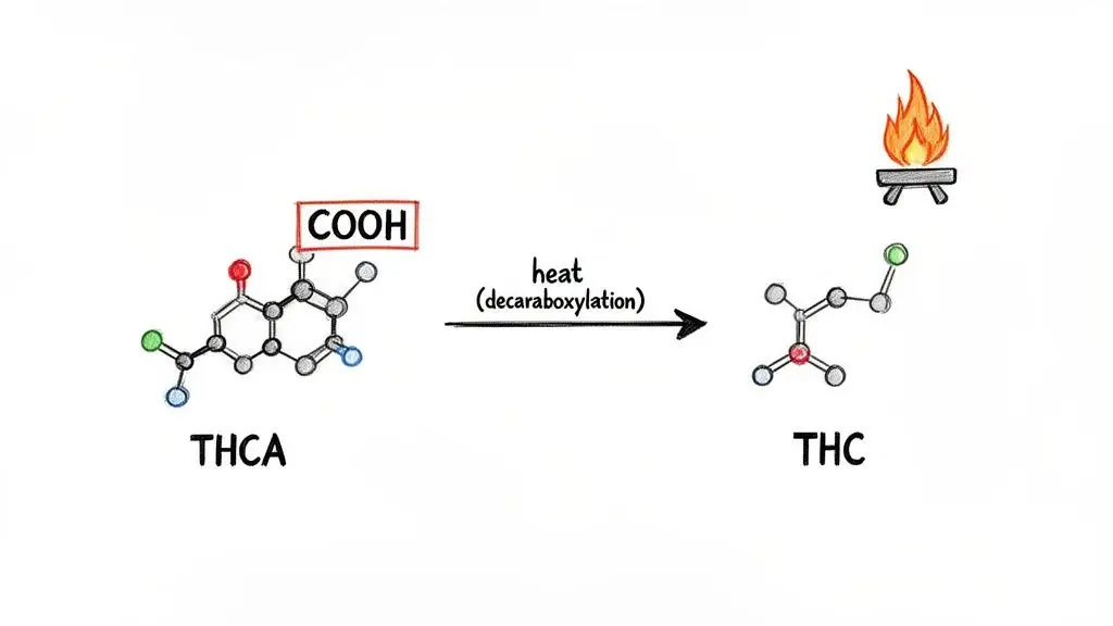 Diagram showing the decarboxylation reaction, converting the THCA molecule to the THC molecule with heat.
